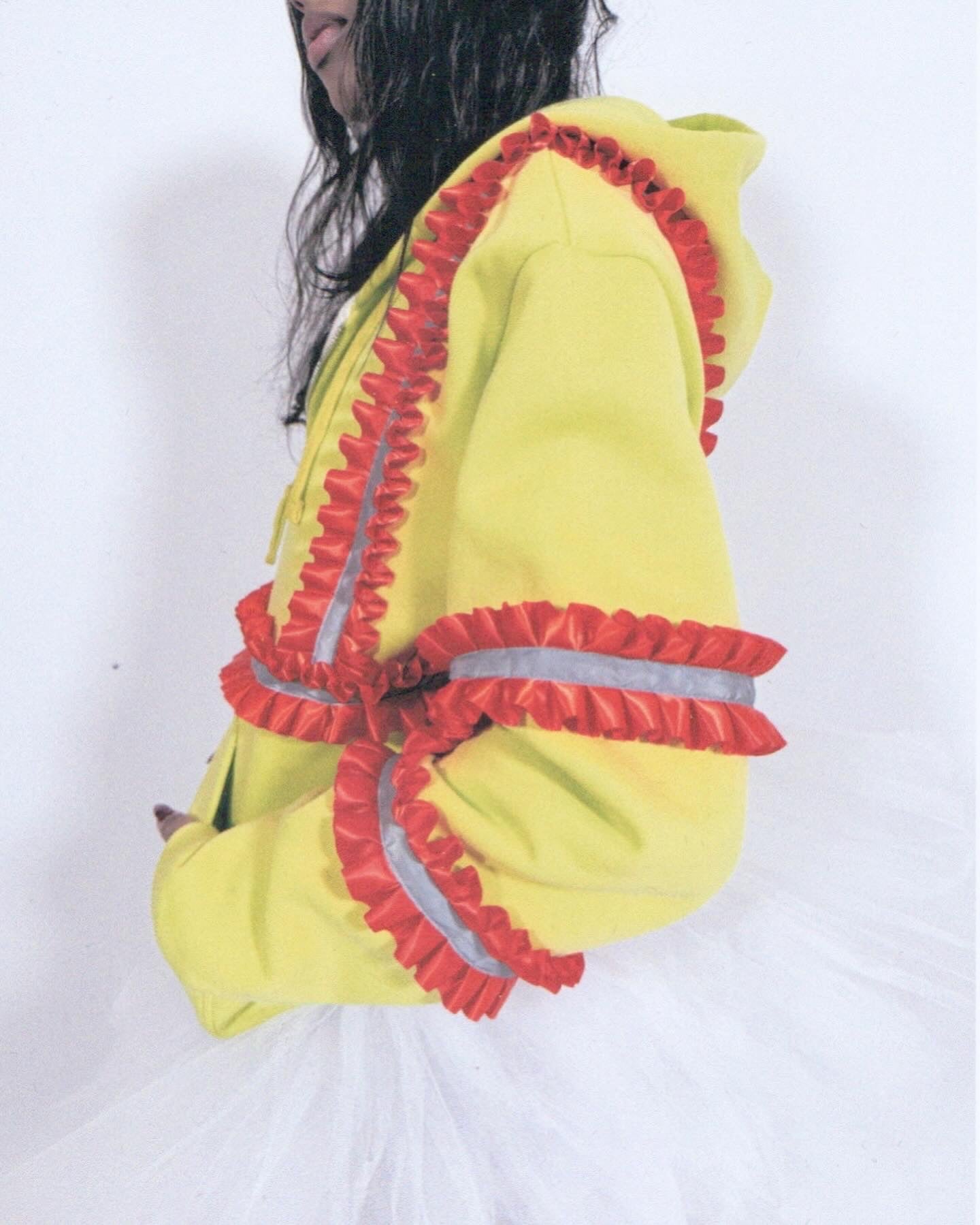 Reflective Ruffled Construction Zip Up Waffle Lined Hoodie