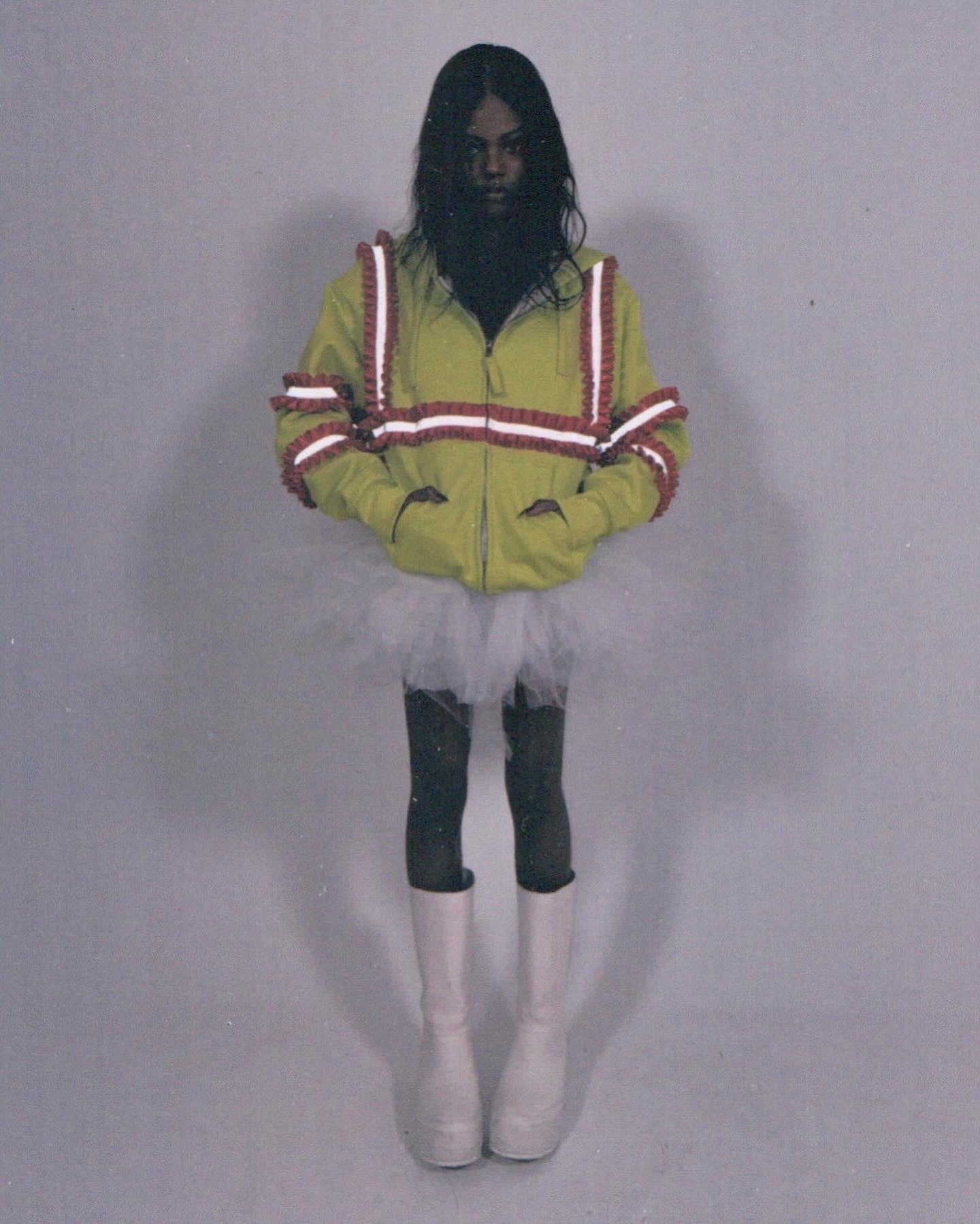 Reflective Ruffled Construction Zip Up Waffle Lined Hoodie